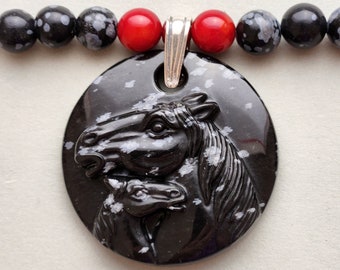 Snowflake Obsidian Carved Mare and Foal on Red Coral and Snowflake Obsidian Bead Necklace