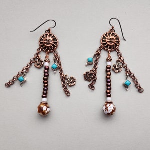 Faceted Leopard Fire Agate on Fancy Copper Chain with Copper Sunshine and Turquoise and Hibiscus accented  Pierced Earrings