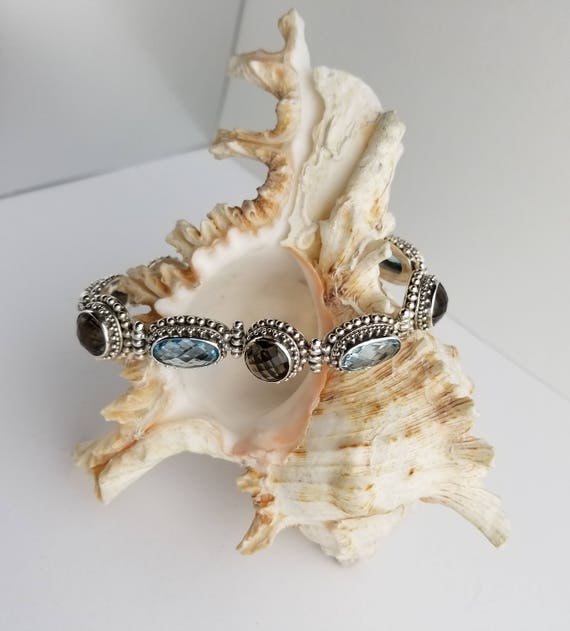 Faceted Blue Topaz and Smoky Topaz Sterling Silve… - image 4