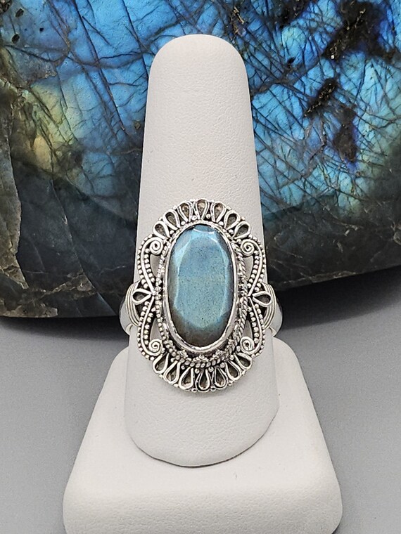Large Oval Faceted Top Fire Labradorite Sterling … - image 2