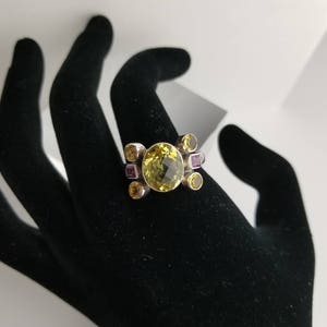 Nicky Butler-Pineapple Cut Lemon Quartz Multi Gemstone-Sterling Silver Finger Ring-Larger Size 11-3/4 to 12