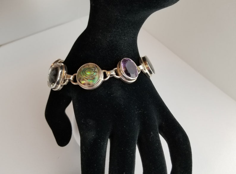 Fits Wrist Sizes 7-12 to 9 Inches Multi Gemstone Rainbow Fire Abalone Shell Sterling Silver Toggle Clasp Link Bracelet