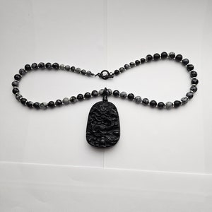 Large Black Obsidian Carved Dragon Pendant on Snowflake Obsidian Beaded Necklace