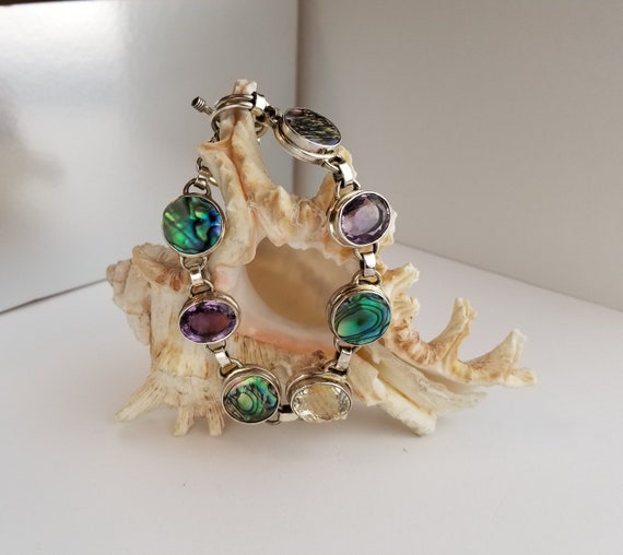Multi Gemstone Rainbow Fire Abalone Shell Sterlin… - image 1