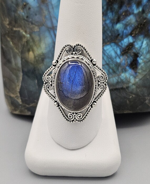 Large Oval Top Fire Labradorite Sterling Silver Filigree Finger Ring - Larger Size 13