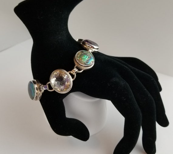 Multi Gemstone Rainbow Fire Abalone Shell Sterlin… - image 3