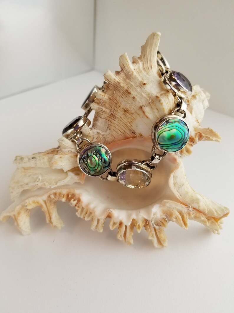 Fits Wrist Sizes 7-12 to 9 Inches Multi Gemstone Rainbow Fire Abalone Shell Sterling Silver Toggle Clasp Link Bracelet