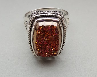 Glittering Sunset Drusy - Sterling Silver Finger Ring with Open Work Band - Larger Size 11-3/4 to 12