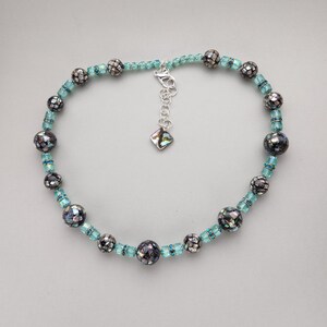 Sparkling 18 mm Round Mosaic Abalone and Swarovski Crystal Bead Necklace with adjustable length extender clasp