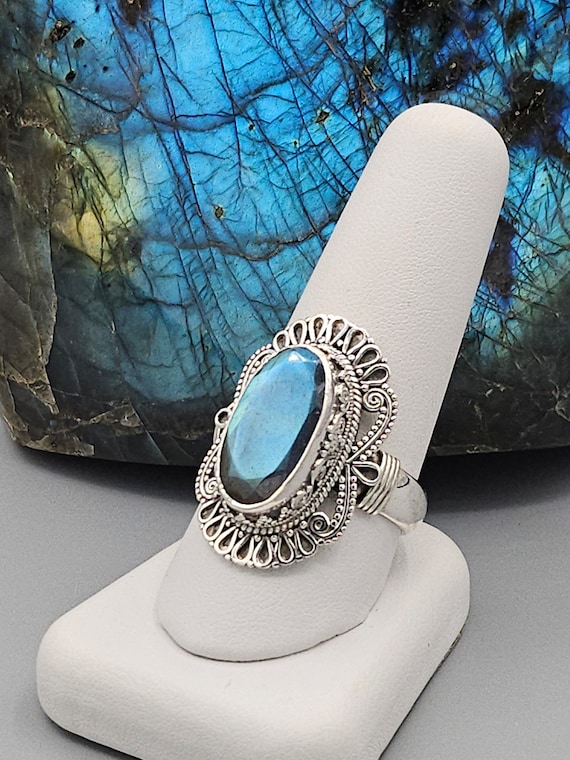 Large Oval Faceted Top Fire Labradorite Sterling Silver Filigree Finger Ring - Larger Size 13