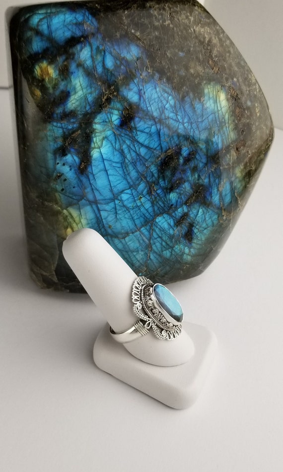Large Oval Faceted Top Fire Labradorite Sterling … - image 5
