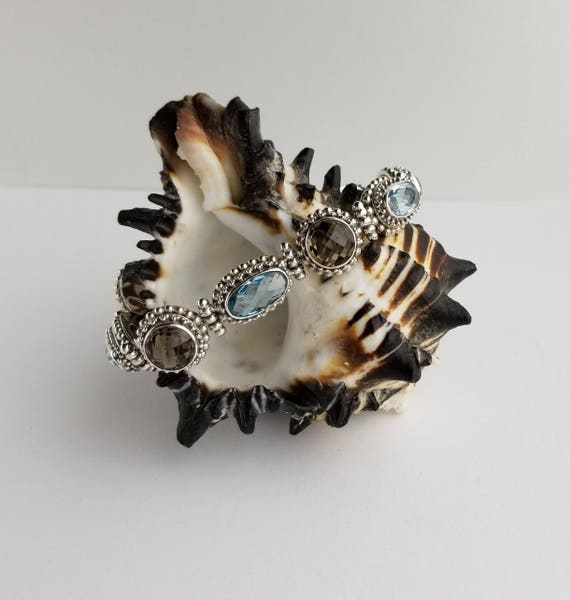 Faceted Blue Topaz and Smoky Topaz Sterling Silve… - image 1