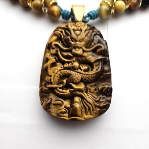 Large Tiger Eye Carved Dragon Pendant on Vertebrae Design Chain and Leather Necklace