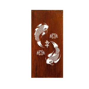 May include: A rusty brown metal wall art panel with a cutout design of two white koi fish swimming around a stylized white lotus flower and the Chinese character for "happiness".