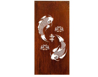 Koi Fish Art With Kanji & Lotus Flower, Patio Privacy, Oversize Metal Art, Large Privacy Screens, Deck Fencing Screens | P637