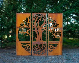 Tree of Life Metal Privacy Screen Set of 3, Large Home & Garden Décor, Metal Garden Art, Rusty Metal | PS512