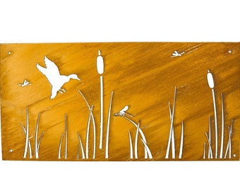 Privacy Screen | Large Metal Wall Art, A Scenic Art Piece With Duck, Cattails & Dragonflies | P619