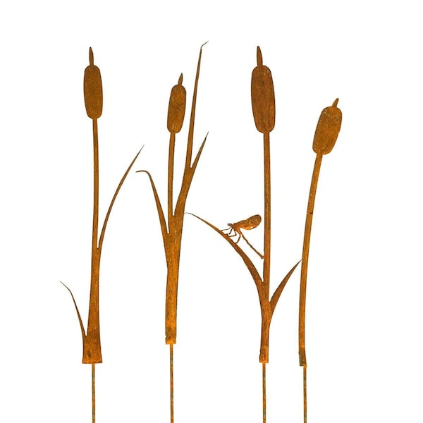 Dragonfly On Cattails Small Garden Stake Set, Dragonfly Art, Cattail Metal Yard Art | GP113