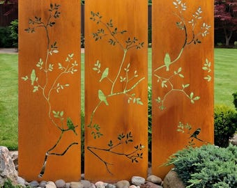 Birds on Branch Metal Garden Panels | Rustic Privacy Screens with Stakes 48" Tall (M958)