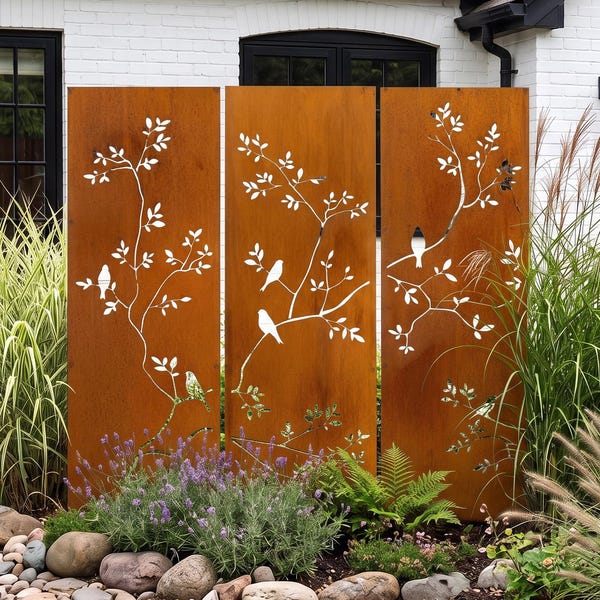 Birds on Branch Metal Privacy Screens 48" Tall | Garden Panels with Stakes M958