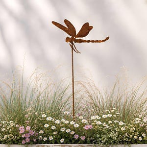 May include: A rectangular white wooden planter box with a distressed finish, filled with green grasses, small white flowers, and pink blossoms. A brown metal dragonfly garden stake is positioned in the center of the planter among the plants.