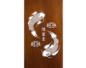 Koi Fish Art With Kanji "Faith, Hope, & Love", Japanese Garden Decor, Large Privacy Screens, Deck Fencing Screens, Lotus Art | P638