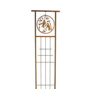 May include: A brown metal garden trellis with a circular design featuring two birds in a vine. The trellis has a grid pattern and is designed to support climbing plants.