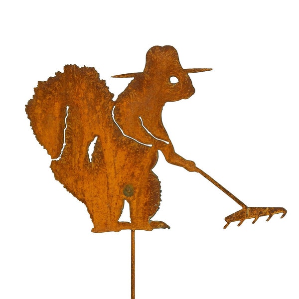 Ezekiel the Garden Squirrel Raking Leaves, Metal Garden Art, Garden Decor, Gifts for Mom, Yard Art | GP115