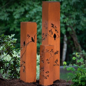 Birds Among the Branches Column, Landscape Art, Planter, Lighting Box, Metal Garden Lantern, Steel Bollards | C430