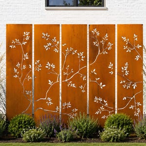 Rusty Branch & Leaves Privacy Screen, Steel Garden Panel with Stakes