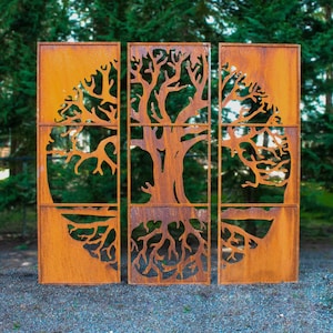 Tree of Life Metal Privacy Screen Set of 3, Large Home & Garden Décor, Metal Garden Art, Rusty Metal | PS512
