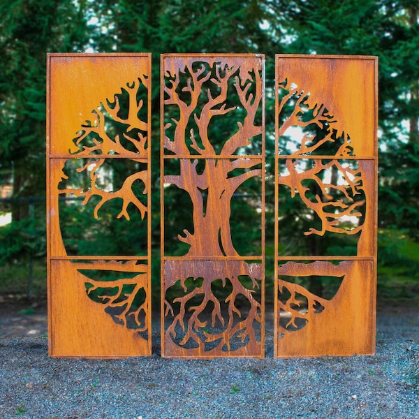 Large Tree of Life Metal Privacy Screens, Rust Garden Fence Panel Decor PS512
