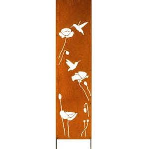 Hummingbird and Poppies, Rusty Privacy Screen, Garden Panel, 12&quot; x 48&#39;&#39;, Garden Décor with Garden Stakes | M941