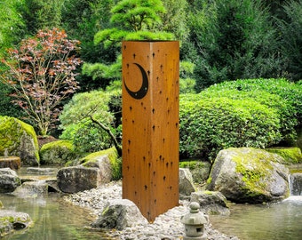 Moon & Stars Garden Column, Landscape Art, Celestial Art, Lighting Box, Metal Garden Lantern, Star Decor, Moon Decor | C413