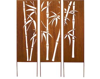 Rusty Metal Privacy Screens, Bamboo Garden Panels with Garden Stakes, Metal Garden Art, Bamboo Metal Garden Sculpture, 3 @ 48x16" | M902