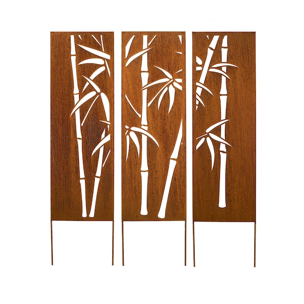 Rusty Metal Privacy Screens, Bamboo Garden Panels with Garden Stakes, Metal Garden Art, Bamboo Metal Garden Sculpture, 3 @ 60x16" | M902