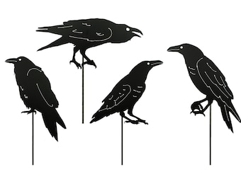 Black Raven Garden Stakes Set of 4, Garden Bird Decor, Black Crow Bird | GP198