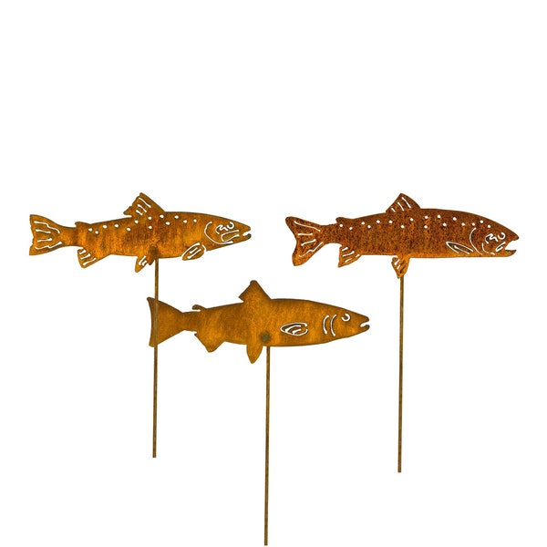 Metal Trout Yard Art Set (3) – Garden Fish Stakes, Outdoor Decor, Rainbow, Cutthroat & Lake Trout