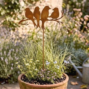 Birds on Branch Metal Garden Stake | Rustic Bird Yard Art | Gift for Bird Lovers GP103
