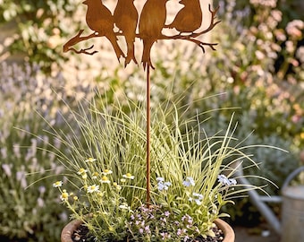 Birds on Branch Metal Garden Stake | Rustic Bird Yard Art | Gift for Bird Lovers GP103