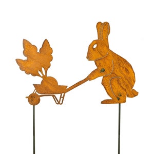 Rabbit Gardener, Wheel Barrel & Radish Garden Stake, Bunny Metal Garden Decor, Cute Garden Animals Art, Rabbit Yard Art | GP203