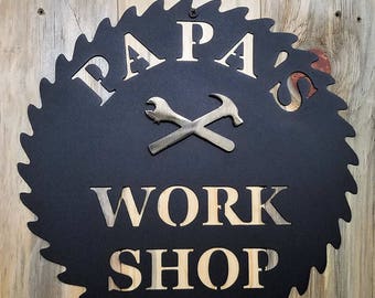 Papa's Workshop Sign In A Saw Blade | Crescent Wrench & Hammer Art | Gifts For Papa | WA316