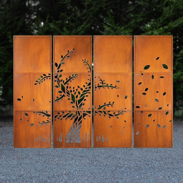 Tree & Falling Leaves Metal Panels, Oversized Garden, Patio Privacy Art PS507