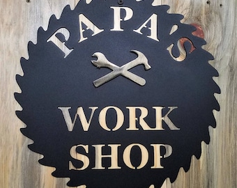 Papa&#39;s Workshop Sign In A Saw Blade | Crescent Wrench & Hammer Art | Gifts For Papa | WA316