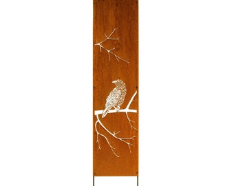 Raven, Rusty Privacy Screen, Garden Panel, 12" x 60'', Garden Décor with Garden Stakes M942