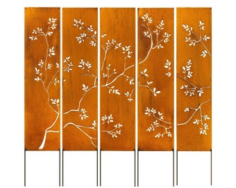 Branch Panels, Rusty Privacy Screen, Garden Panel, 48x12", Garden Décor with Garden Stakes