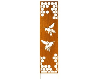 Honey Bees and Honeycomb, Rusty Privacy Screen, Garden Panel, 12" x 60'', Garden Décor with Garden Stakes | M928