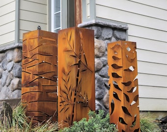 Set of 3 Garden Bollards – Assorted Designs | Steel Landscape Columns, Outdoor Planter & Lighting Boxes, Modern Yard Decor