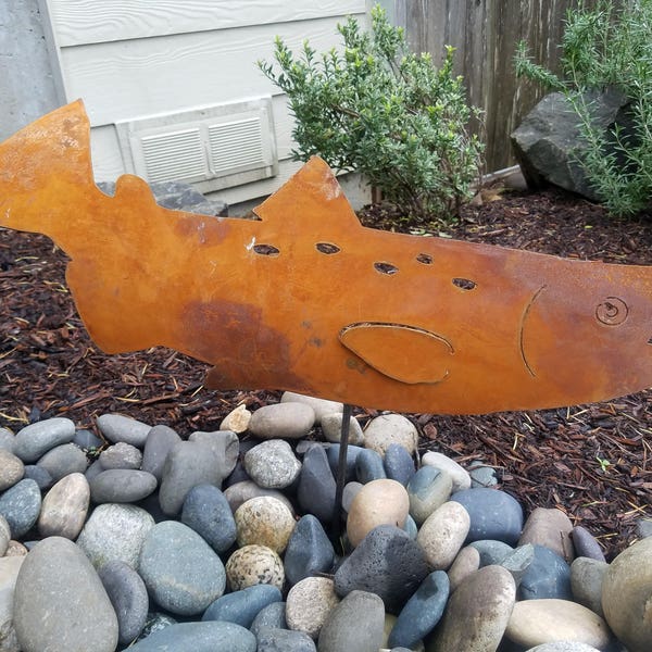 Salmon Fish Stake | Outdoor Metal Fish Art | Garden Stake| Fish Pond, River, Or Lake Art | GP187