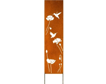 Hummingbird and Poppies, Rusty Privacy Screen, Garden Panel, 12" x 60'', Garden Décor with Garden Stakes | M941